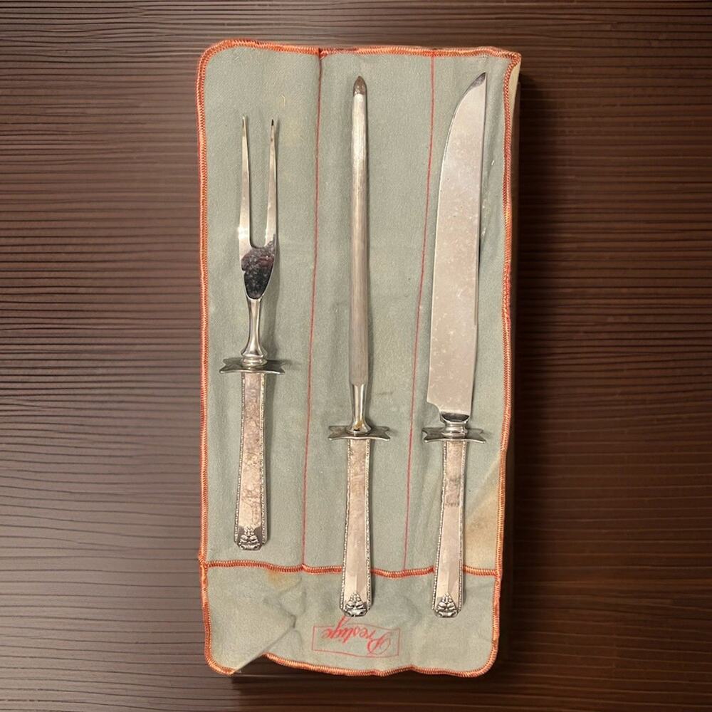 VTG 3 Pc Silver Plated Carving Set Bordeaux Steak Prestige Plate 1945 In Box